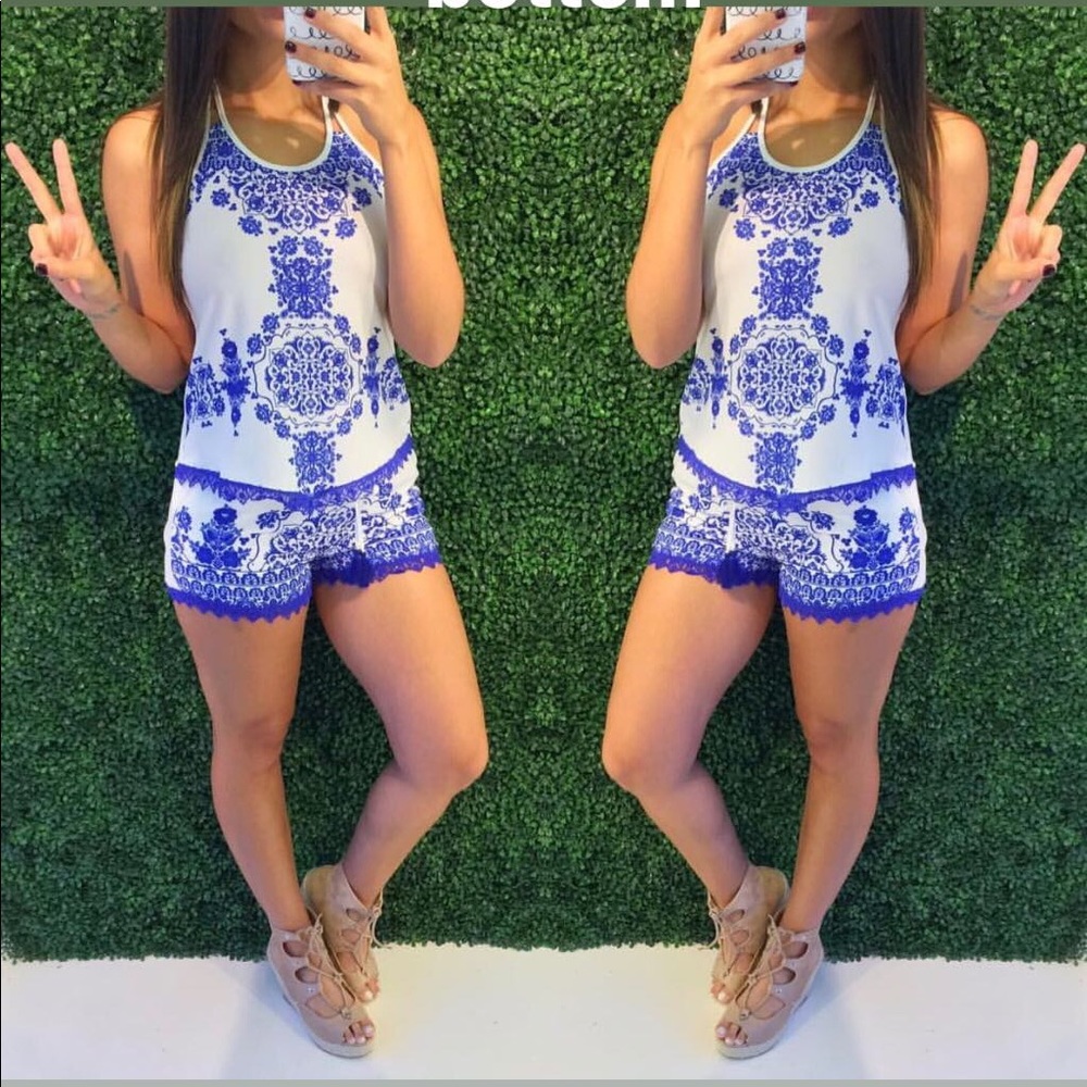 Two piece blue and white set